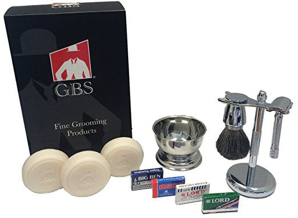 GBS Gift Set - Comes with Gift Box - Merkur 23 Safety Razor, Pure Badger Shaving Brush, Brush and Razor Stand, Chrome Bowl, GBS Shaving Soap, and 25 Blades!