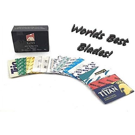 GBS High Quality Double Edge Razor Blades-Sample Pack of 32- Feather, Astra, Derby, Trig, Super Max, Lord, Shark, Treet + GBS Alum Block! Perfect for Barber Shavette Shave Kits!