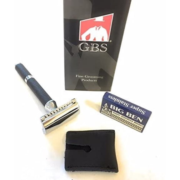GBS Matte Black DE Razor with Leather Head Protective Case & 10 Pk of Blades