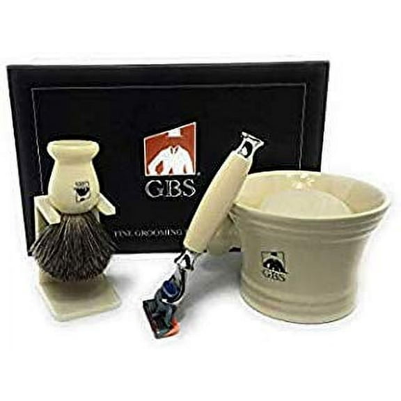 GBS Mens Grooming Kit Including Badger Brushes 21mm knot 5 Blade Ivory Razor Black Color