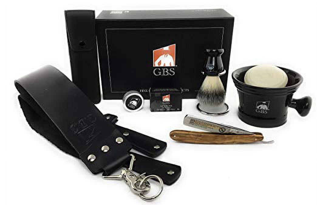GBS Men's Shaving Gift Set - Dovo 415875 Olivewood 5/8? Razor - Black Ceramic Mug Knob Handle- 3 Oz All Natural Soap - Alum block, case, Synthetic Brush, Stand, and Paste!