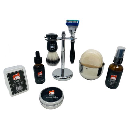 GBS Mens Premium Sandalwood Set - Complete Kit - 5 Blade Compatible Manual Razor Long Horn Handle, Pure Badger Bristle Shave Brush, Brush&Razor Stand Holder - Oil, Beard Balm, Shave Soap & Aftershave