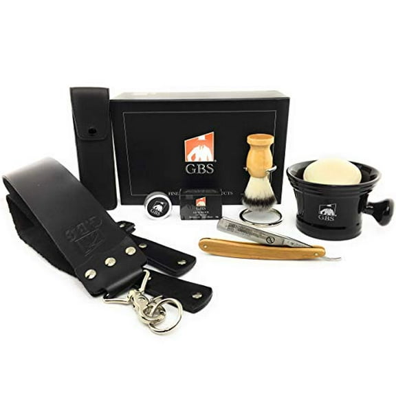 GBS Mens Shave kit Comes with Dovo 120586 Natural Handle 5/8" Razor- Black Ceramic Shaving Mug Handlwith e- 3 Oz All Natural Soap - Alum block, case, Synthetic Brush with Stand & Strop Paste
