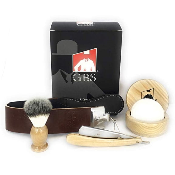 GBS Natural Wood Shaving Set with Straight Razor, Synethic Hair Shave Brush, Beechwood Shave Bowl, Honing Strop & 97% All Natural Soap - Animal Free!