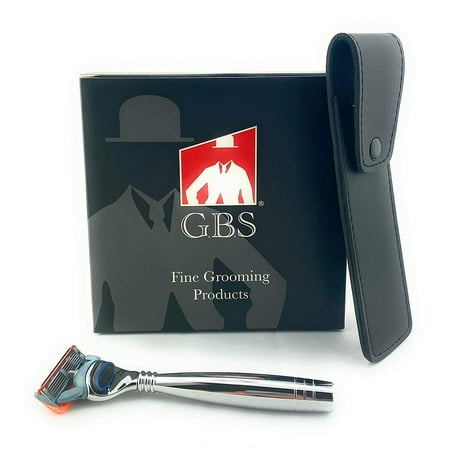 GBS Premium 5 Blade Chrome Handle Safety Shaving Razor with Black Handmade Leather Case