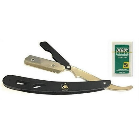 GBS Professional Straight Edge Razor Shavette Premium Black/Chrome Finish with Safety Locking + 5 Pack of Double Edge Blades Perfect Razor to complete Best Wet Shaving or Beard Shaping and Sharp Lines
