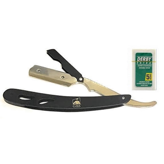 GBS Professional Straight Edge Razor Shavette Premium Black/Chrome Finish with Safety Locking + 5 Pack of Double Edge Blades Perfect Razor to complete Best Wet Shaving or Beard Shaping and Sharp Lines