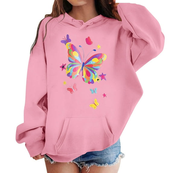 GBSYEWXS Big Girls Sweatshirt Size 10-11 Years Long Sleeve Butterfly Print Tops Comfortable Relaxed Fit Hoodies Pink