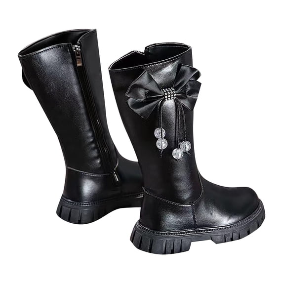 GBSYEWXS Boots For Girls Kids Knee-High Zip-Up Flat Toe Bow Decoration Comfort Fall Boots Black Size 7.5-8 T