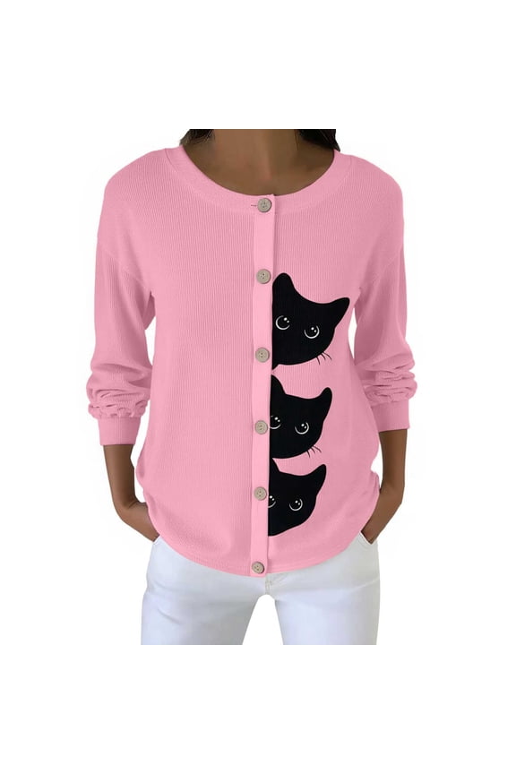 Cardigan For Women Button Crew Neck Long Sleeve Cat Print Fall Sweater Pink