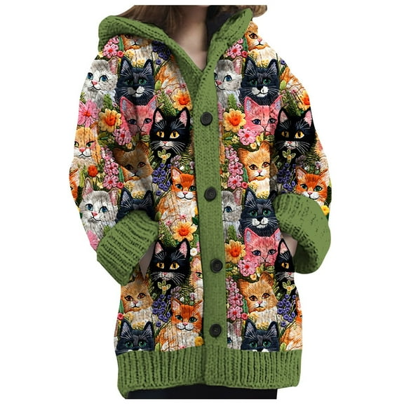 GBSYEWXS Cardigan For Women Hooded Long Sleeve Cat Print Casual Soft Green Sweater