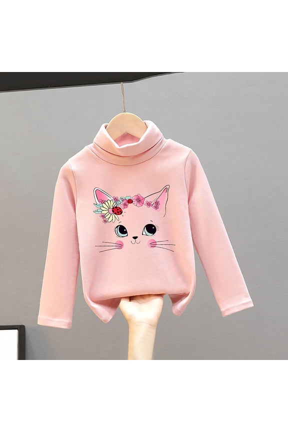 Casual Child Girls Sweater Size 5-6 Years Trendy Cat Print Turtleneck Pullover Sweater Child