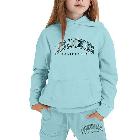 GBSYEWXS Casual Children Girls Outfit Set Hooded Long Sleeve Letter Print Sweatshirt Pant 0 Warm Outfits Sets Sky Blue Size 4-5 Years