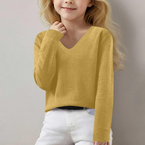 GBSYEWXS Casual Girls Kids Sweater Size 10-11 Years Relaxed Fit Solid Color V-Neck Pullover Sweater Child