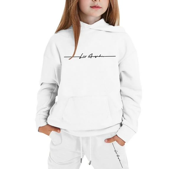 GBSYEWXS Casual Outfit Set For Children Girls Hooded Long Sleeve Letter Print Sweatshirt Pant 0 Winter Outfits Sets White Size 5-6 Years