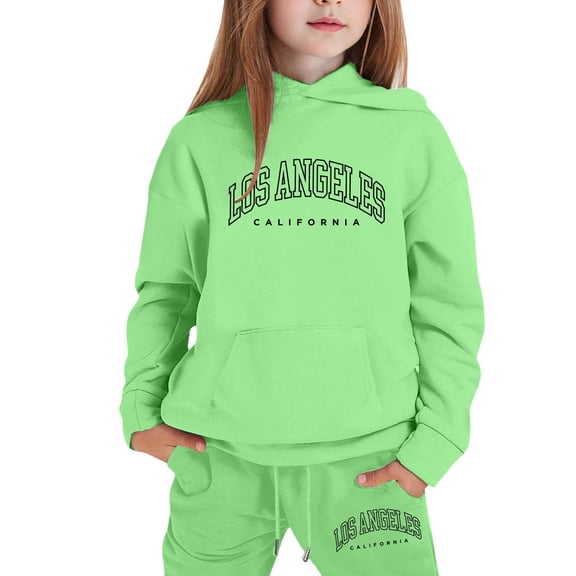 GBSYEWXS Casual Outfits Sets For Teen Girls Hooded Letter Print Athleisure Cute Green Clothing Sets Size 11-12 Years