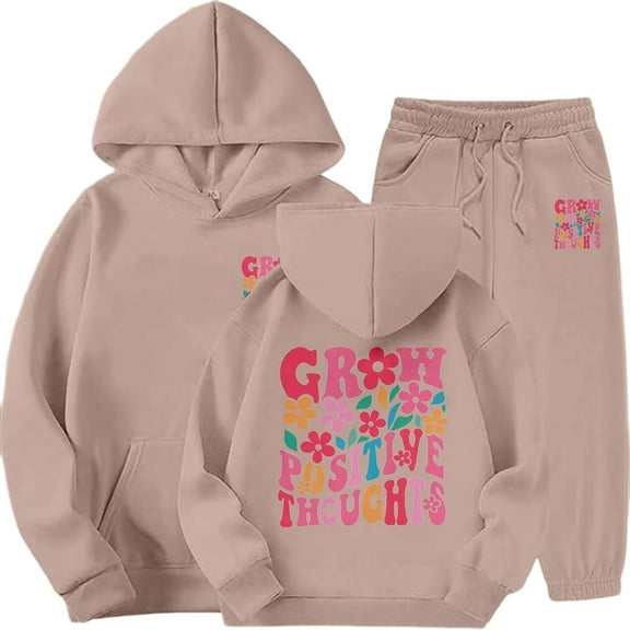 GBSYEWXS Casual Teen Girls Outfit Set Size 4-5 Years 0 Sweatshirt Pant Letter Print Hooded Khaki Clothing Sets