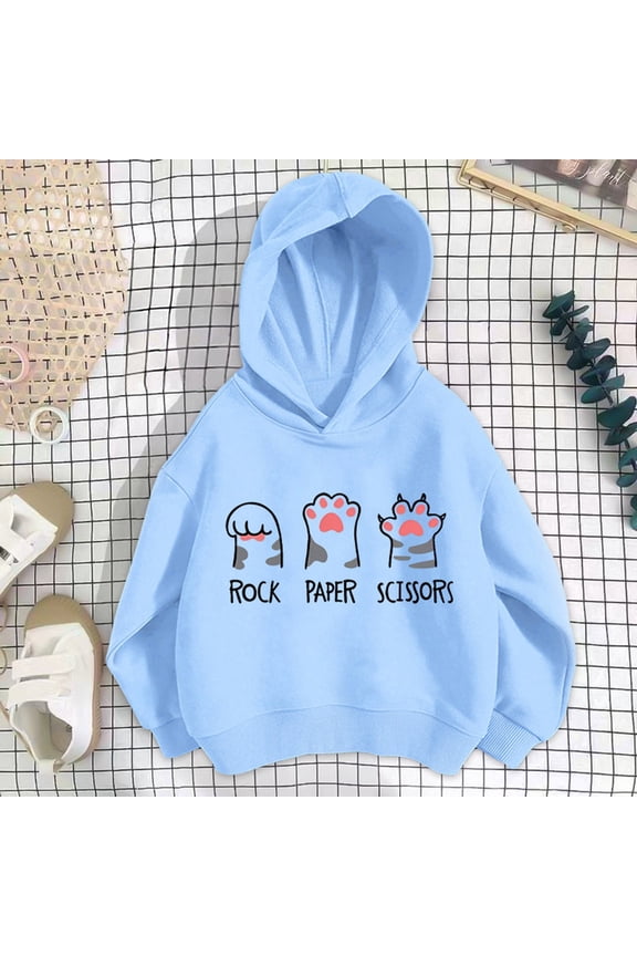 Child Girls Hoodies Casual Long Sleeve Cat Print Trendy Tops Cute Hooded Blue Sweatshirt Size 8-9 Years