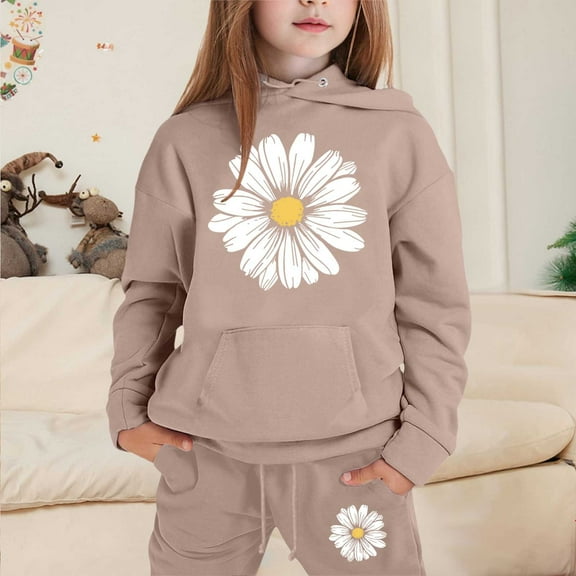 GBSYEWXS Child Girls Outfits Sets Fall Sunflower Long Sleeve Sweatshirt Pant Hooded Outdoor Khaki Outfit Set Size 4-5 Years