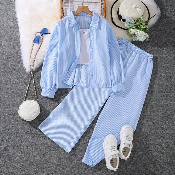 GBSYEWXS Child Girls Outfits Sets Size 9-10 Years Leisure Long Sleeve Collared Shirt Pant Soft Blue Clothing Set