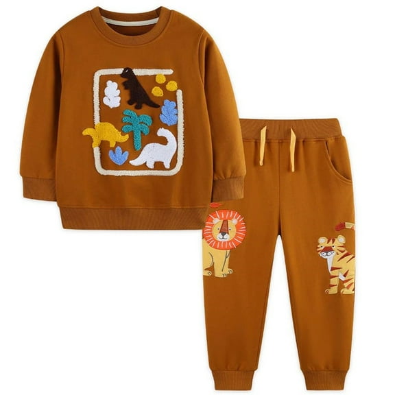 GBSYEWXS Child Outfits Sets For Little Boys Size 4-5 T Athleisure Autumn Sweatshirt Pant Dinosaur Print Long Sleeve Outfit Set Brown
