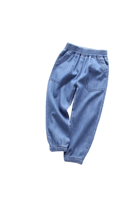 Children Boys Jeans Comfortable Drawstring Waist Taper Slim Blue Denim Pants Size 5-6 Years