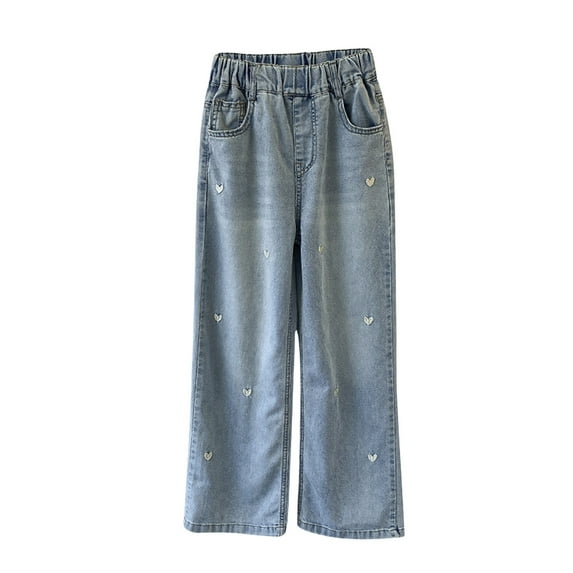 GBSYEWXS Children Girls Jeans Embroidered Ankle-Length Distressed Wide Leg Soft Relaxed Trousers Blue Size 9-10 Years