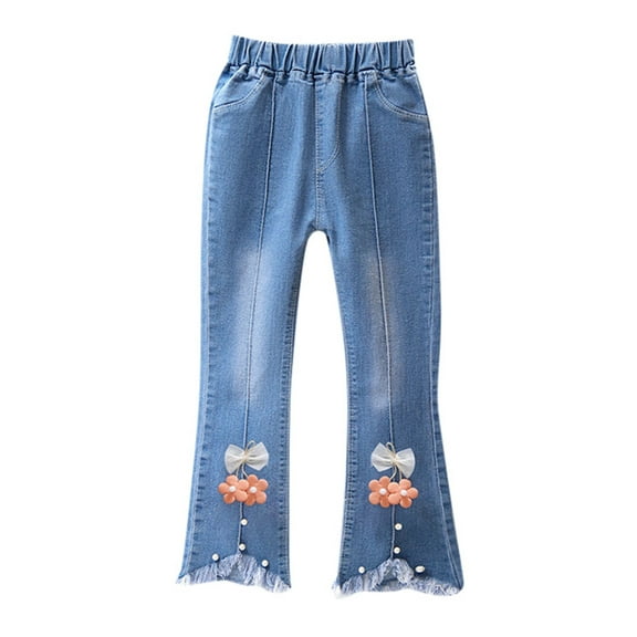 GBSYEWXS Children Girls Jeans Relaxed Fit Flare Bow Print Distressed Orange Trousers Size 4-5 Years