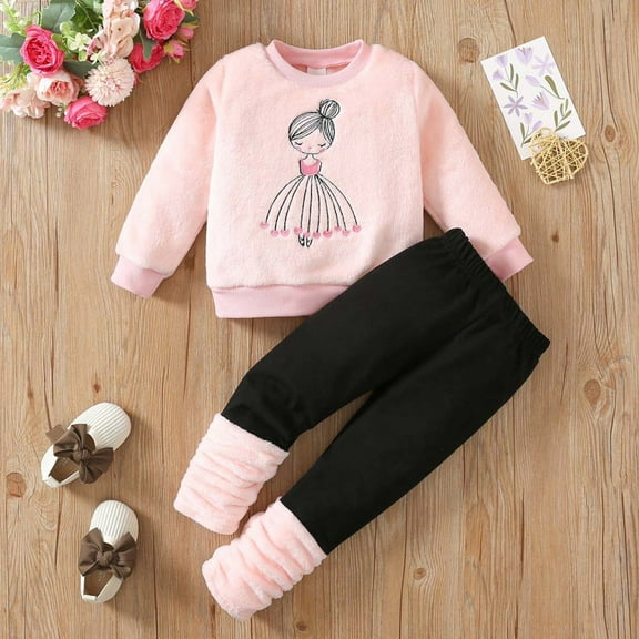 GBSYEWXS Children Girls Outfits Sets 2Pc Crew Neck Long Sleeve Cartoon Print Sweatshirt Pant Casual Outfit Set Red Size 3-4 T