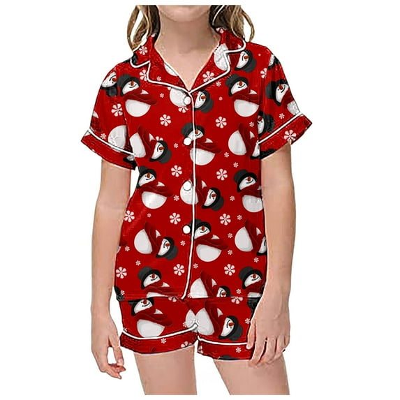 GBSYEWXS Christmas Adorable Size 2-3 Years Short Sleeve Indoor Shirts Shorts Cartoon Print Lapel Neck Red Outfits Sets
