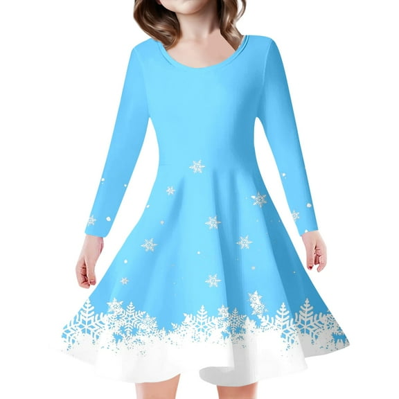 GBSYEWXS Christmas Dresses For Girls Child Crew Neck Long Sleeve Casual Outdoor Snowflake Print Light Blue Dress Size 8-9 T