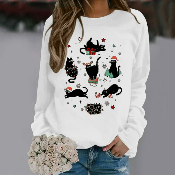 GBSYEWXS Christmas Hoodless Sweatshirt For Women Soft Cat Print Crew Neck Tops Long Sleeve Daily Wear White Sweatshirt