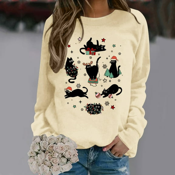 GBSYEWXS Christmas Sweatshirt For Women Long Sleeve Cat Print Beige Pullover Sweater Adorable Cozy Crew Neck Tops