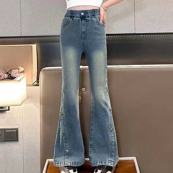 GBSYEWXS Denim Pants For Girls Fashion Elastic Waist Flare Ankle-Length Classic-Fit Distressed Blue Jeans Size 10-11 Years
