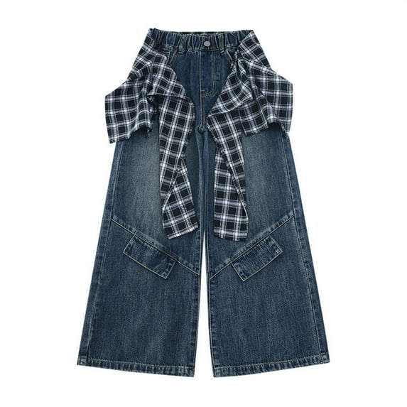 GBSYEWXS Denim Pants For Girls Kids Wrinkle Elastic Waist Fall Relaxed Wide Leg Fashion Solid Color Jeans Size 7 Years-8 Years