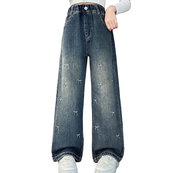 GBSYEWXS Denim Pants For Girls Toddler Distressed Soft Bow Print Elastic Waist Straight Blue Jeans Size 12 Years-15 Years