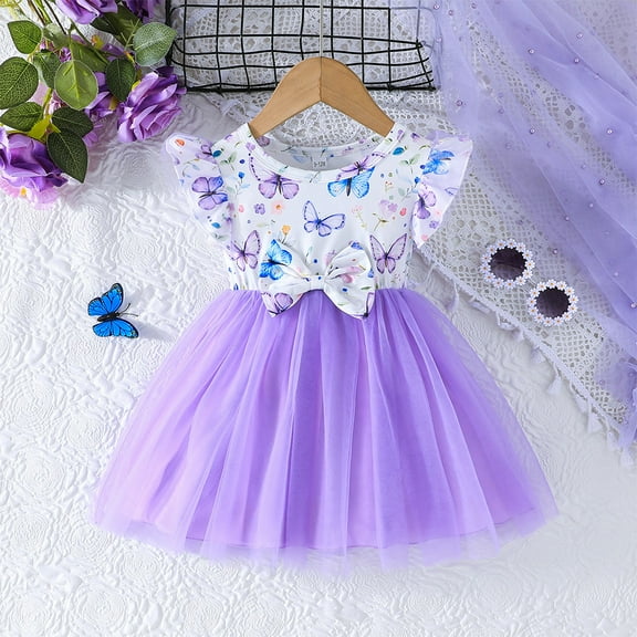 GBSYEWXS Dress For Girls 2025 Elegant Classy Size 9-12 Months Flutter Sleeve Mesh Daily Wear Butterfly Print A-Line Dresses Purple