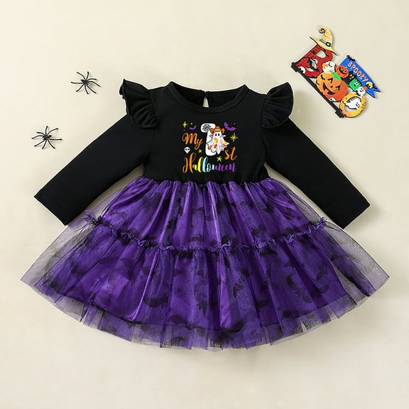 GBSYEWXS Dress For Girls A-Line Halloween All Saints' Day Long Sleeve Cartoon Print Purple Dresses Size 5-6 Years