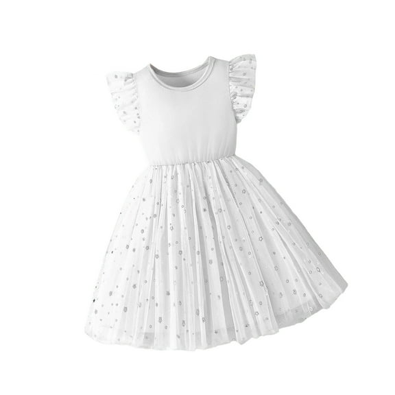 GBSYEWXS Dress For Girls Size 3-4 Years Flutter Sleeve Fashion Solid Color A-Line Dresses White
