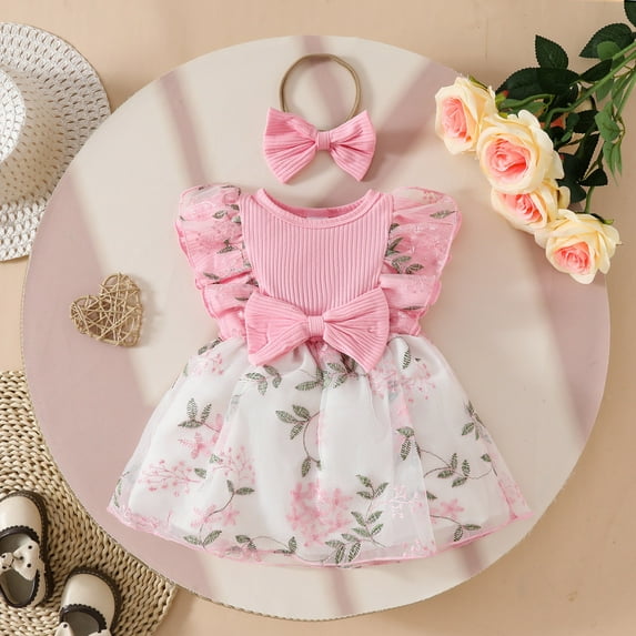 GBSYEWXS Girls Dress Crew Neck Flutter Sleeve Flower Print Trendy Mesh Pink Size 6-9 Months