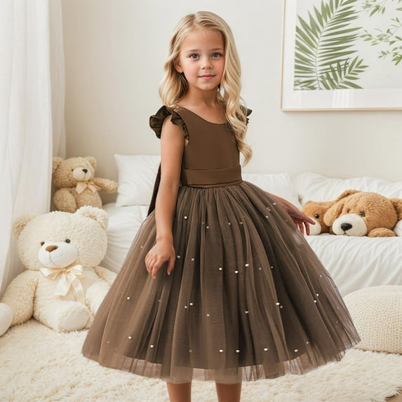 GBSYEWXS Girls Dress Mesh Flutter Sleeve Solid Color Trendy Brown Girl Dresses Size 4-5 Years