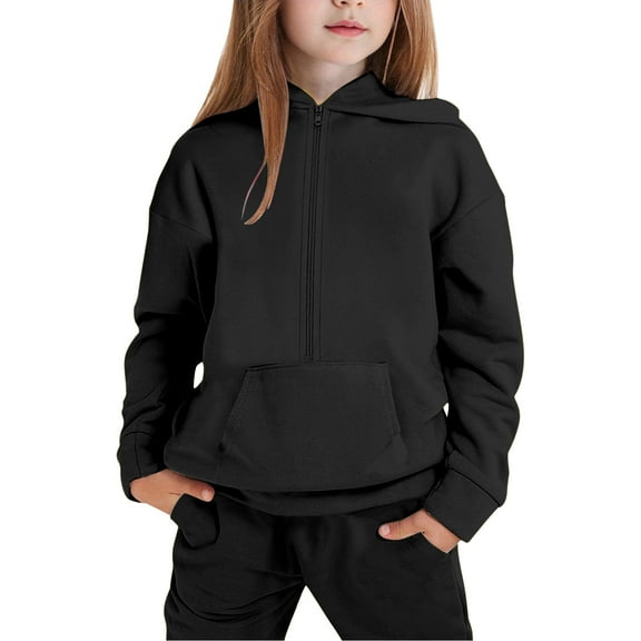 GBSYEWXS Girls Long Sleeve Hooded Pullover And Jogger Pants Outfit Soft Casual 2Pc For Big Kids Solid Color clothing sets Black Size 11-12 Years