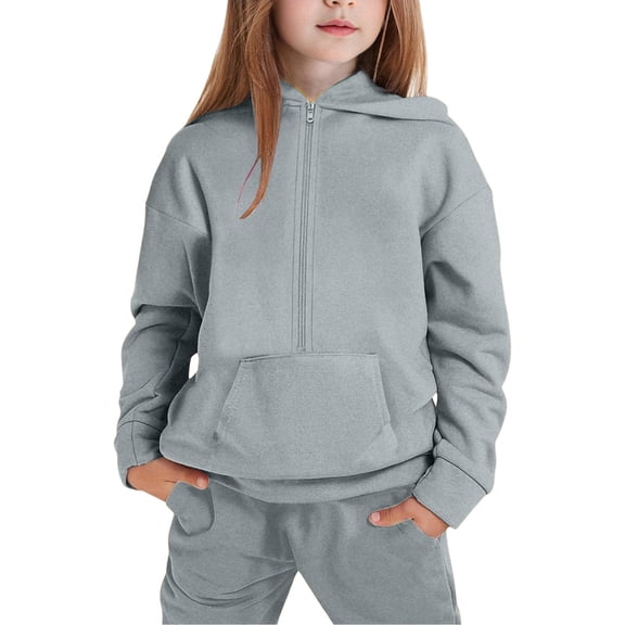 GBSYEWXS Girls Long Sleeve Hooded Pullover And Jogger Pants Outfit Soft Casual 2Pc For Big Kids Solid Color clothing sets Grey Size 9-10 Years