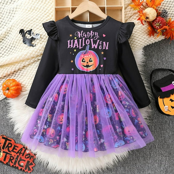 GBSYEWXS Halloween Outfits Sets For Child Girls Comfortable Letter Print Crew Neck Dress 2025 Long Sleeve Purple Clothing Set Size 6 Years-7 Years