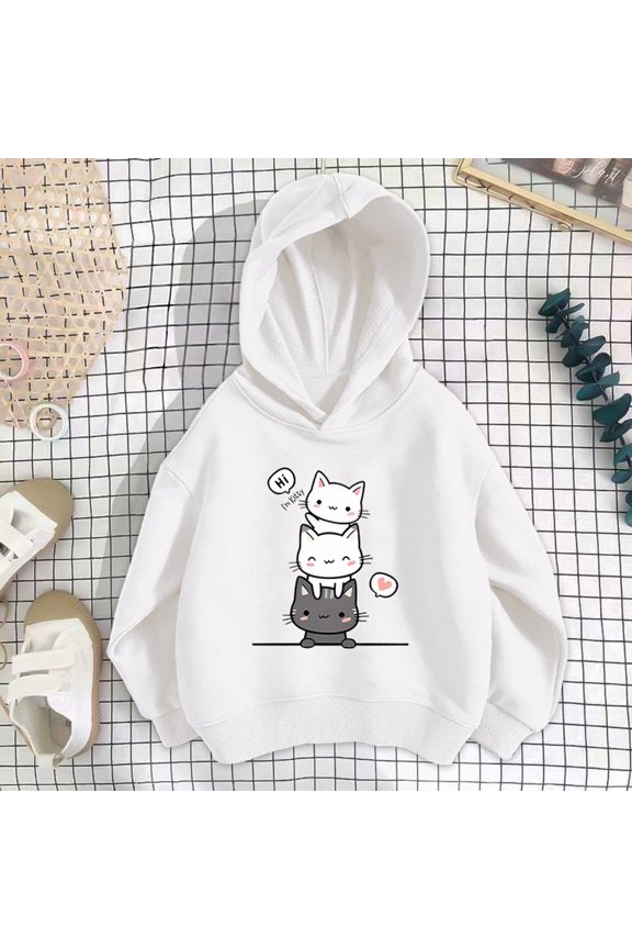 Hoodies For Girls Casual Long Sleeve Cat Print Daily Wear Sweatshirt Fall Hooded Light Gray Tops Size 8-9 Years