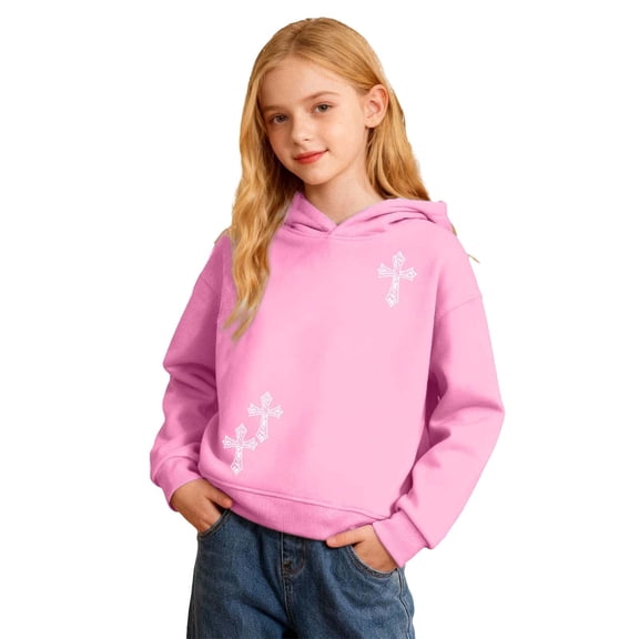 GBSYEWXS Hoodies For Girls Children Size 11-12 Years Long Sleeve Cross Print Sweatshirt Daily Wear Stretch Hooded Pink Tops