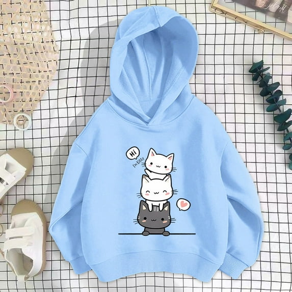 GBSYEWXS Hoodies For Girls Children Size 7-8 Years Long Sleeve Casual Hooded Fall Sweatshirt Cat Print Fashion Sky Blue Tops