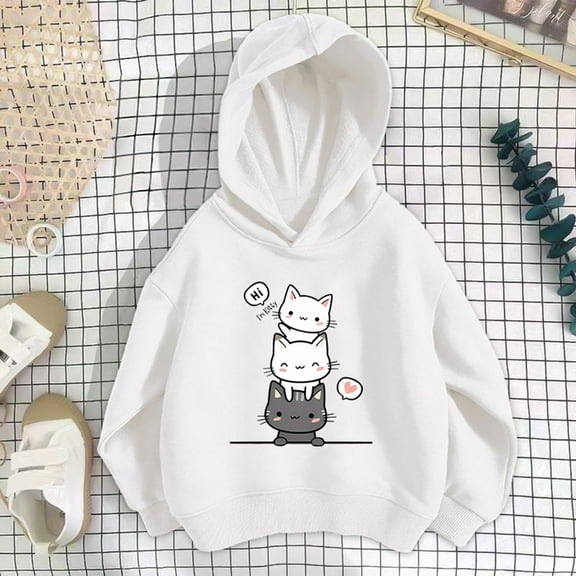GBSYEWXS Hoodies For Girls Daily Wear Cat Print Casual Tops Hooded Outdoor Light Gray Sweatshirt Size 5-6 Years