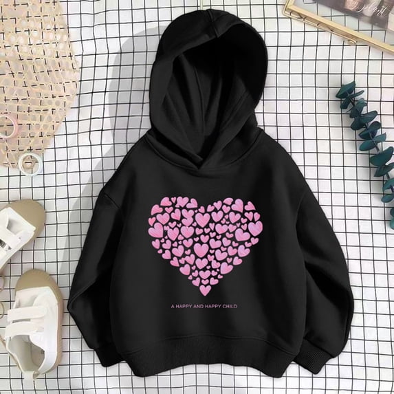 GBSYEWXS Hoodies For Little Girls Long Sleeve Heart Print Sweatshirt Breathable Hooded Cute Black Tops Size 5-6 Years