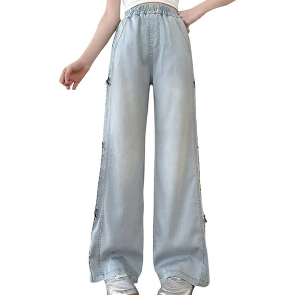 GBSYEWXS Jeans For Girls Children Size 11-12 Years Bow Print Autumn Elastic Waist Wide Leg Distressed Blue Trousers